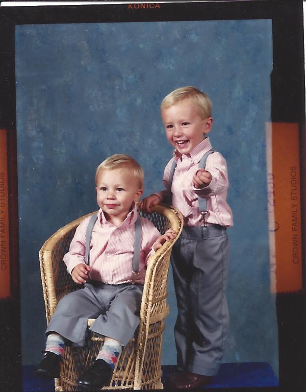 Two boys in matching pink-striped shirts, Crown Family Studios, 1988